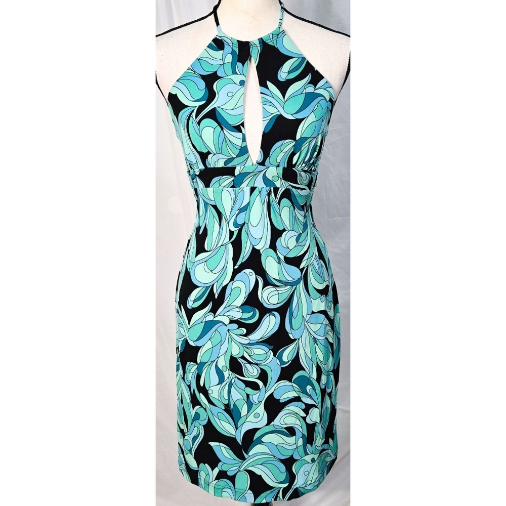 Vintage Y2K Halter Dress Black Teal Green Stretch Sheath Sleeveless Babydoll
